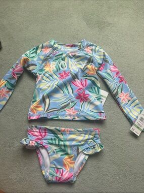 Roxy Girls' Blue Floral Long-Sleeve Rashguard Bikini Set